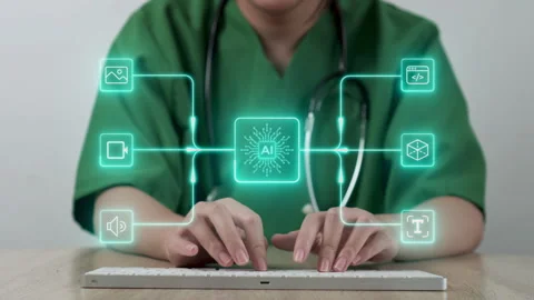 Nurse typing on laptop with artificial intelligence network Stock Footage 345843865