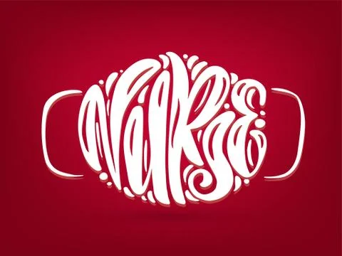 Nurse white lettering vector text in form of face mask on red background. ill Stock-Illustration