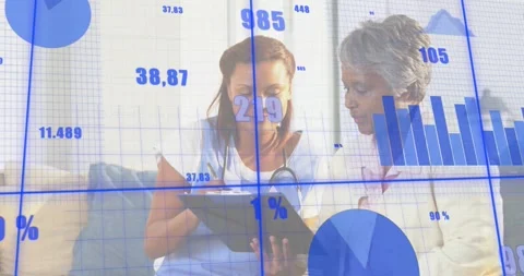Nurse writing notes while animated health graphs and charts fluctuating to Stock Footage 318064401