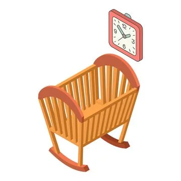 Nursery interior icon isometric vector. Square wall clock and wooden cradle icon Stock Illustration