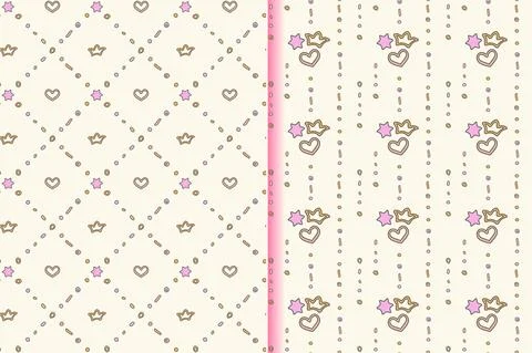 Nursery seamless 2 patterns, set. Hand drawn doodle graphic heart, crown, star Stock Illustration