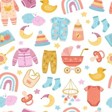 Nursery seamless pattern. Abstract rainbow, stars moon and simple bright kids Stockillustratie