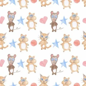 Nursery Seamless Pattern, Cute animals repeat paper, Cat, mouse, hamster pr.. Stock Illustration