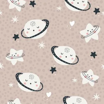 Nursery seamless pattern with planets and stars. Vector background with cute Illustrazione stock