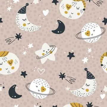 Nursery seamless pattern with planets and stars. Vector background with cute Illustrazione stock