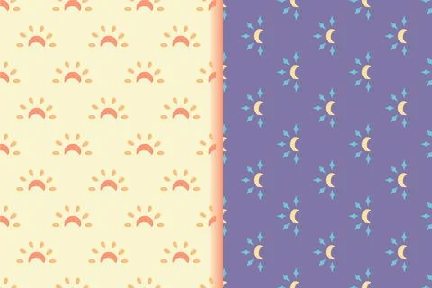 Nursery seamless patterns, set of 2. Hand drawn doodle graphic sun, moon, star Stock Illustration