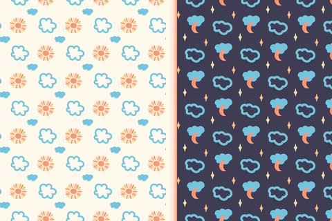 Nursery seamless patterns, set of 2. Hand drawn doodle graphic sun, moon, star Stock Illustration