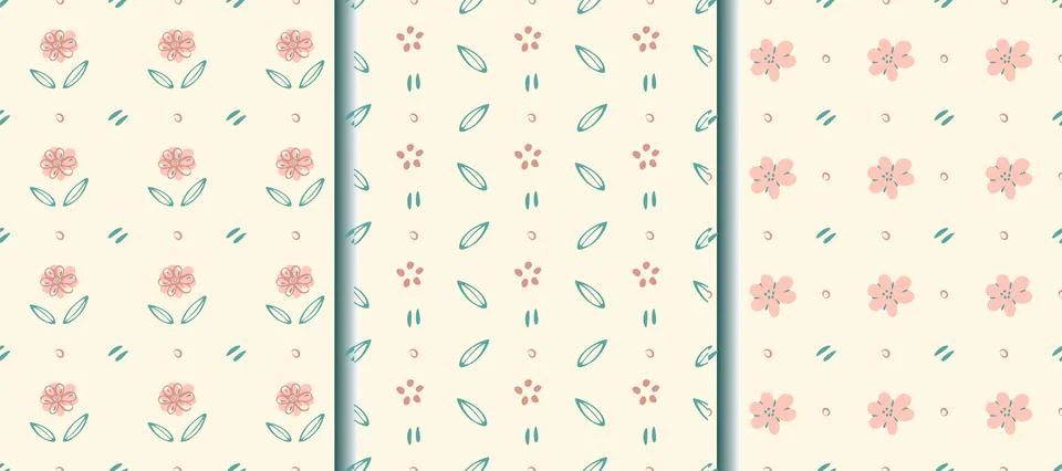Nursery seamless patterns, set of 3. Hand drawn doodle flowers, leaf, dot, lines Stock Illustration