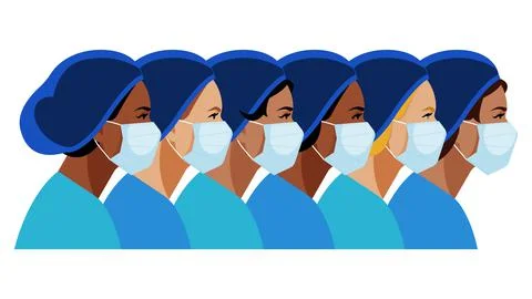 Nurses and doctors. Multi-ethnic women. A group of nurses with different skin Stock Illustration