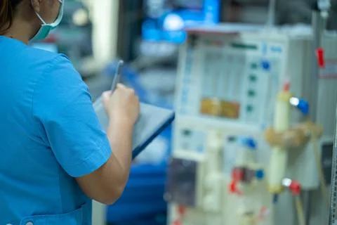 Nurses are checking the function of the hemodialysis machine before use in pa Stock Photos