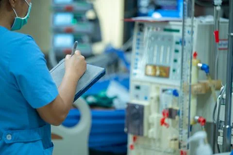 Nurses are checking the function of the hemodialysis machine before use in pa Stock Photos