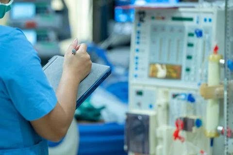 Nurses are checking the function of the hemodialysis machine before use in pa Stock Photos