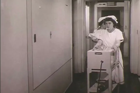 Nurses are shown evacuating patients from a hospital during a fire drill Stock Footage 92634680