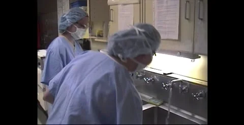 Nurses cleaning surgical instruments at Australian hospital 1991 Stock Footage 318348777