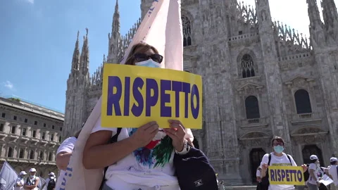 Nurses protest for better conditions in Milan, Duomo cathedral Italy Stock Footage 135035459