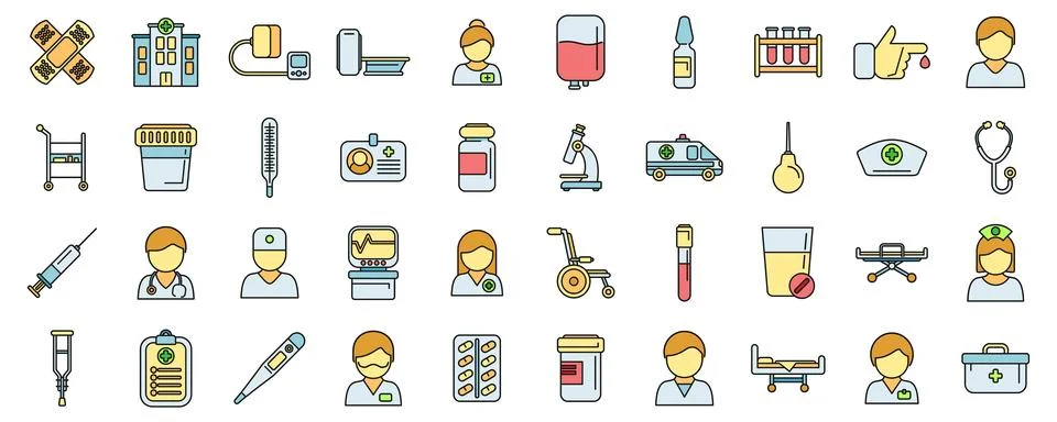 Nursing assistant icons set vector color line Stock Illustration