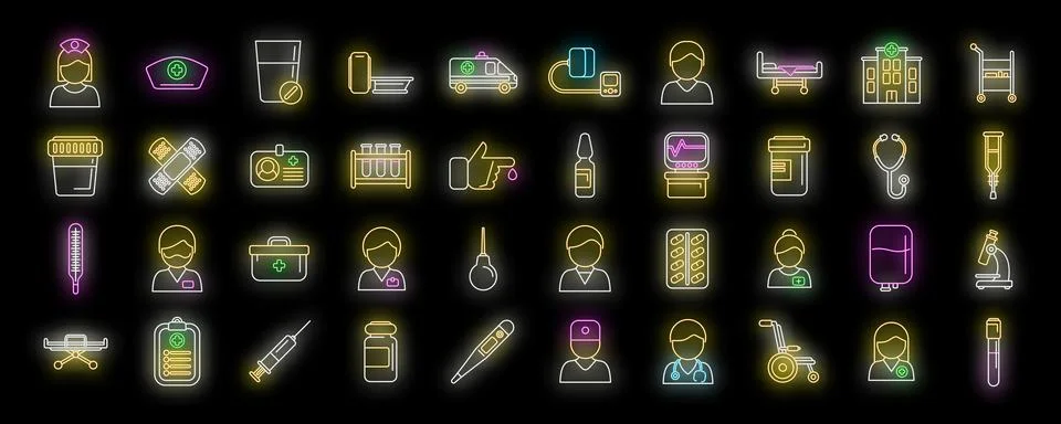 Nursing assistant icons set vector neon Stock Illustration
