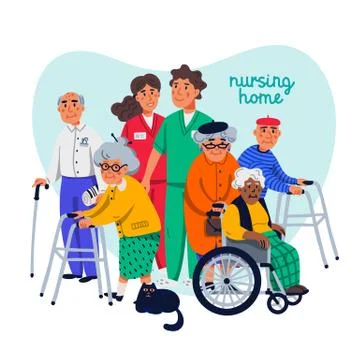 Nursing home concept. Group of elderly people and social workers on white 스톡 일러스트