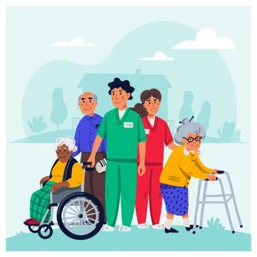 Nursing home concept. Group of elderly people and social workers on white Stock Illustration