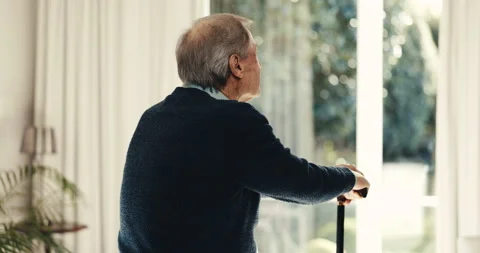 Nursing home, old man and thinking with walking stick, retirement and patient Stock Footage 342242218
