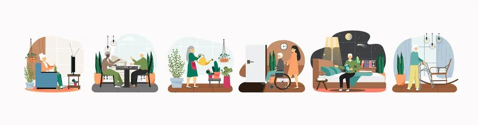 Nursing home scene set, flat vector illustration. Elderly care. Active leisure 库存插图