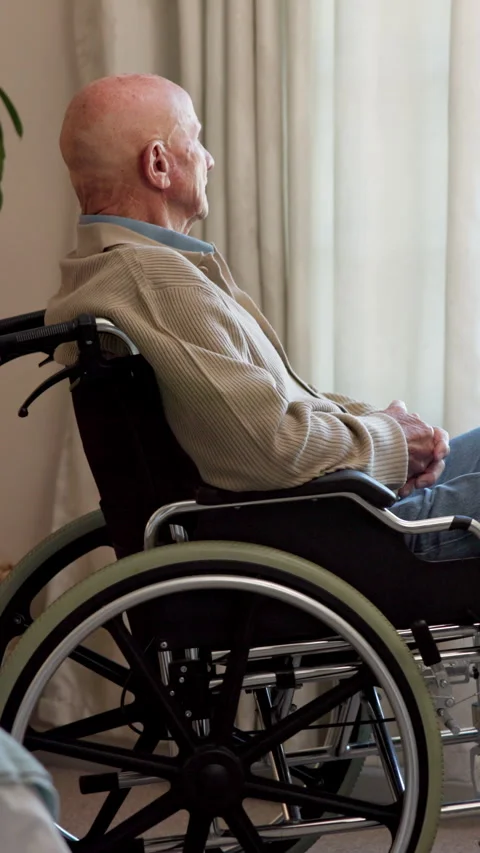 Nursing home, thinking and old man in wheelchair, retirement and contemplating Stock Footage 340988506