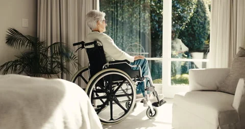 Nursing home, window and old woman in wheelchair, think and patient with health Stock Footage 342231498