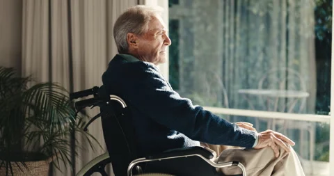 Nursing home, window and old man in wheelchair, think and patient with health Stock Footage 342237833