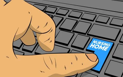 Nursing Home word on computer keyboard. Man push keypad on laptop. Comic book Ilustración de archivo