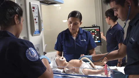 Nursing Students Practicing with an Incubator Simulator Stock Footage 233765290