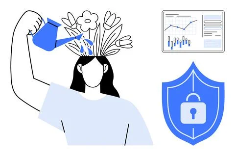 Nurturing Mind Growth, Data Analytics, and Cyber Security Concept in Minima.. Stock Illustration