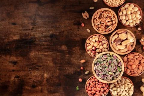 Nut background with copy space. Various nuts, shot from the top Foto stock