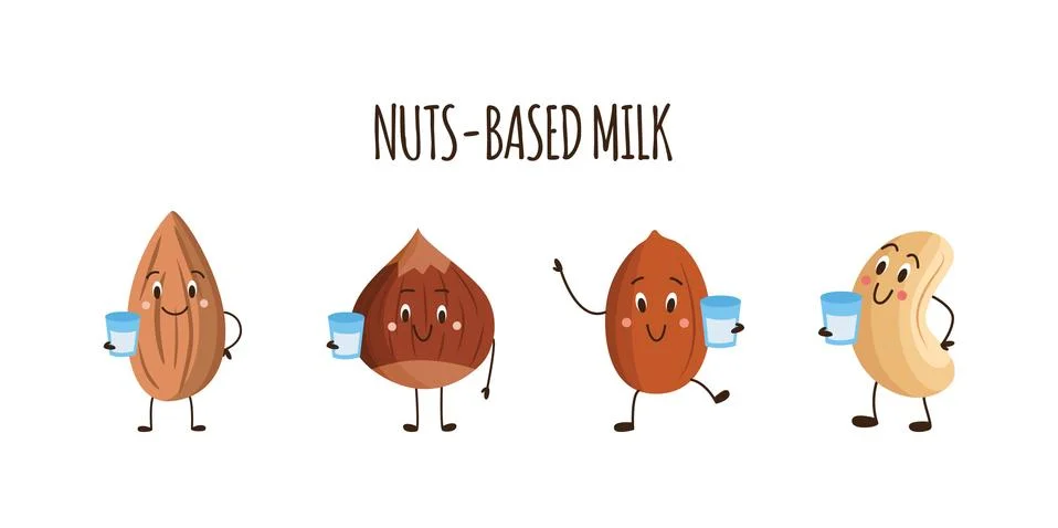 Nut based milk banner with funny cartoon nuts holding drink glasses Stock Illustration