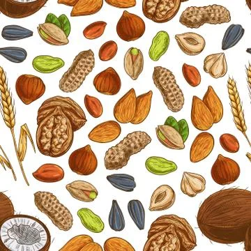 Nut, bean, seed and wheat seamless pattern Stock Illustration