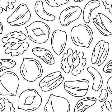 Nut bundle pattern. Doodle vector food sketch set. Walnut, hazelnut, almond a Stock Illustration