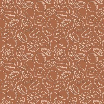 Nut bundle pattern. Doodle vector food sketch set. Walnut, hazelnut, almond a Illustrazione stock