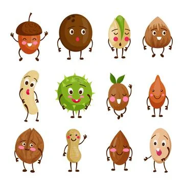Nut characters. Cute beans with smiling faces and hands. Peanut and cashew se Stock Illustration