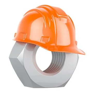 Nut with construction hard hat, 3D rendering Stock Illustration