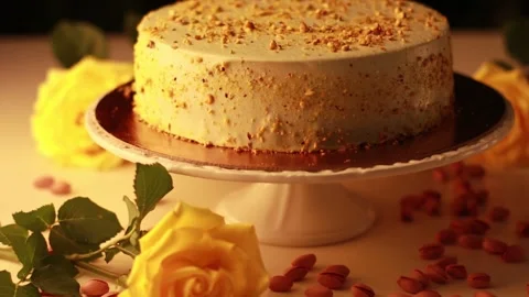 Nut Cream Cake on a Cake Turntable in a Cozy Atmosphere with Yellow Roses Stock Footage 241324219