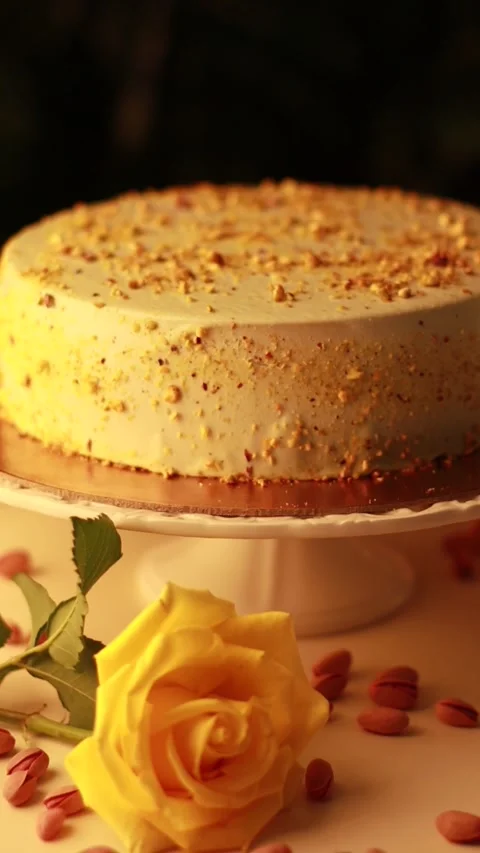 Nut Cream Cake on a Cake Turntable in a Cozy Atmosphere with Yellow Roses Video stock 241324231
