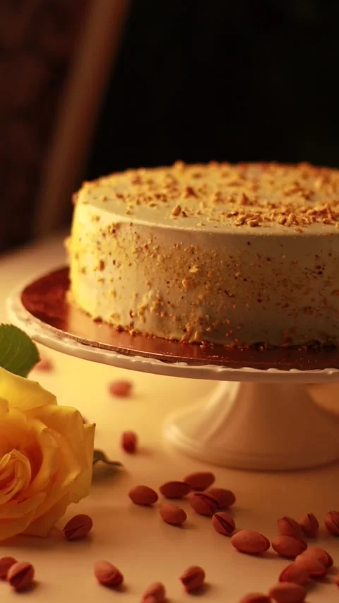 Nut Cream Cake on a Cake Turntable in a Cozy Atmosphere with Yellow Roses Video stock 241324233