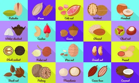 Nut icons set, flat style Stock Illustration
