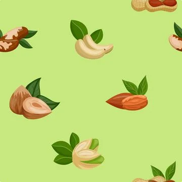 Nut pattern. Dry fruits and seeds on green background, seamless texture, flat Stock Illustration