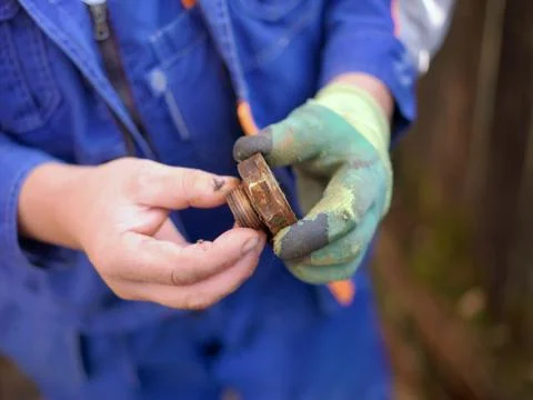 Nut in plumber hands 库存照片