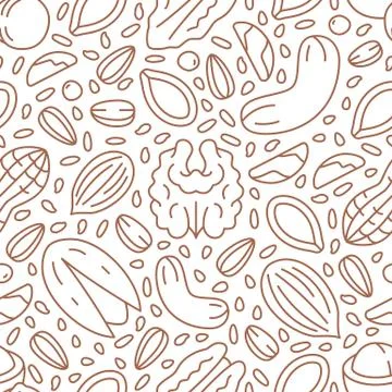 Nut seamless pattern with flat line icons. Vector background of dry nuts and Stock Illustration