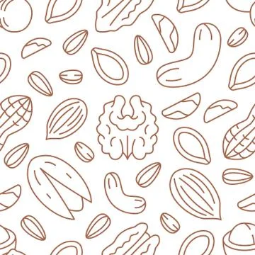 Nut seamless pattern with flat line icons. Vector background of dry nuts and Stock Illustration