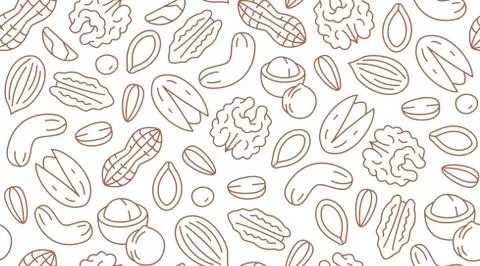 Nut seamless pattern with flat line icons. Vector background of dry nuts and 스톡 일러스트