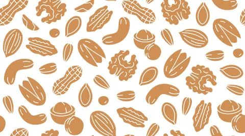 Nut seamless pattern with flat silhouette icons. Vector background of dry nuts 스톡 일러스트