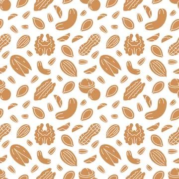 Nut seamless pattern with flat silhouette icons. Vector background of dry nuts Illustrazione stock