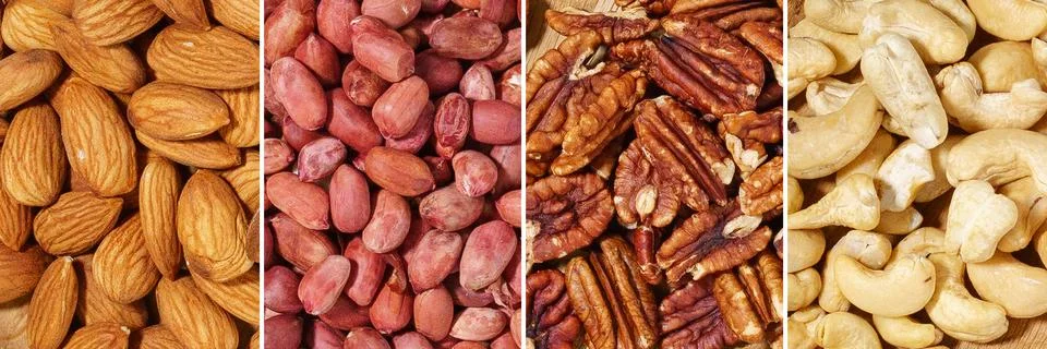 Nut Selection: Rhythmic Linear Patchwork and Premium Kernel Texture Grid Stock Photos